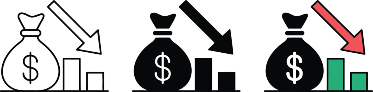 Financial money bag with decreasing vector illustration