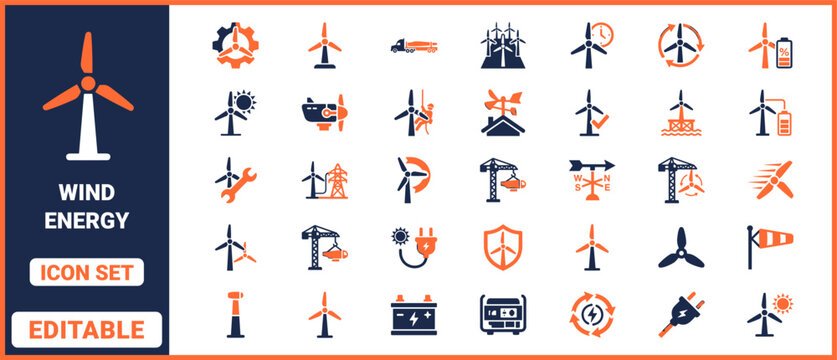 Wind energy icon set with wind turbine, power pylon, renewable electricity, battery storage, eco leaf, solar panel and clean sustainable power symbols