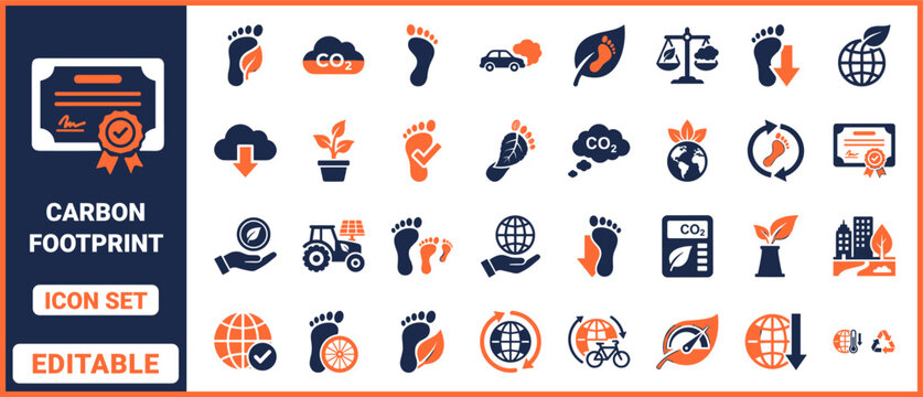 Carbon footprint icon set with eco leaf, recycling arrows, footprint symbol, solar panel, wind turbine, tree, globe and sustainability environment vector collection