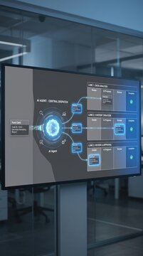Artificial general intelligence workflow dashboard displaying automated data tasks with glowing network nodes in a corporate office environment for modern enterprise analytics.