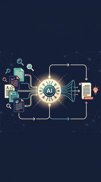 Artificial general intelligence era data processing funnel with neural network core. This vector illustration shows automated information synthesis for modern business analytics.