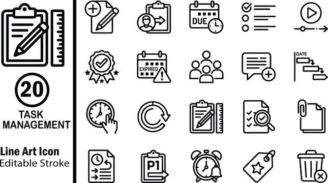 Task management line icon set. featuring workflow, productivity, planning, organization, checklist, to do list, schedule, deadline. Editable stroke. Vector illustration
