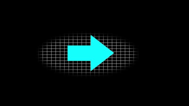 Abstract directional arrow bouncing cyan color rightward against a stark three dimensional swipe slide right animation on a black background.