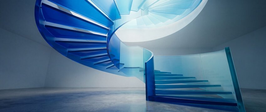 Staircase with a spiraling glass design features transparent steps and a modern geometric structure in a bright minimalist interior space for architectural and corporate construction themes.