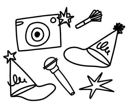 Hand drawn New Year party doodle collection with camera, party hats, sparklers, celebration blower and festive stars for holiday cards, invitations, posters and event design