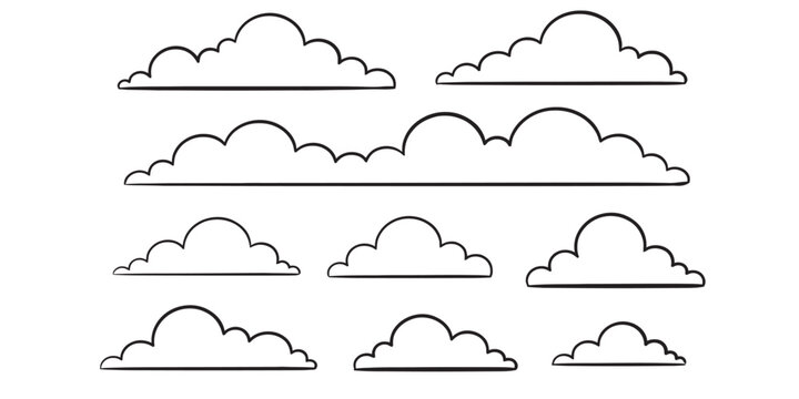 Set of simple hand drawn cloud icons in black outline