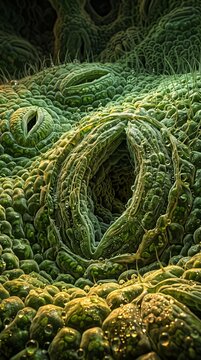 Microscopic view of leaf stomata showing cellular structure and complex botanical texture in high detail, useful for scientific research, educational posters, and environmental biology graphics.