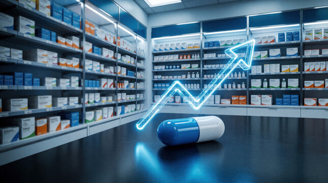Blue, white pharmaceutical capsule sits on table in pharmacy. Glowing digital arrow graph shows rising growth, medical trends. Medicine stock increases in store with shelves of drugs in background.