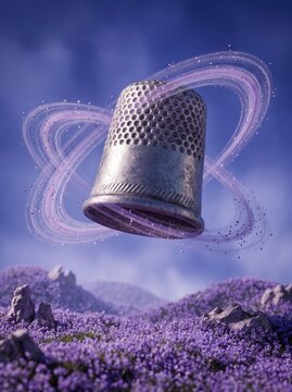 A metallic sewing thimble floats above a field of purple flowers under a hazy sky featuring ethereal light trails to provide a creative concept for sewing accessories or textile arts projects.