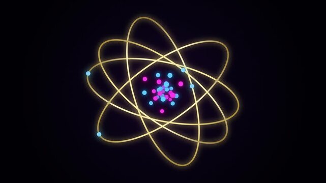 Glowing atomic model with orbital rings and rotating nucleus particles in physics science animation background video