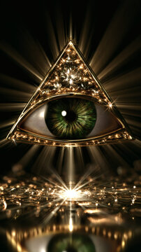 Golden all seeing eye inside glowing triangle with radiant light