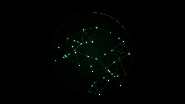Glowing green human brain wireframe neural network with luminous nodes and glowing connecting lines on a black