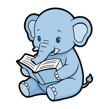 Baby elephant reader sticker, cute kawaii animal reading book with black stroke