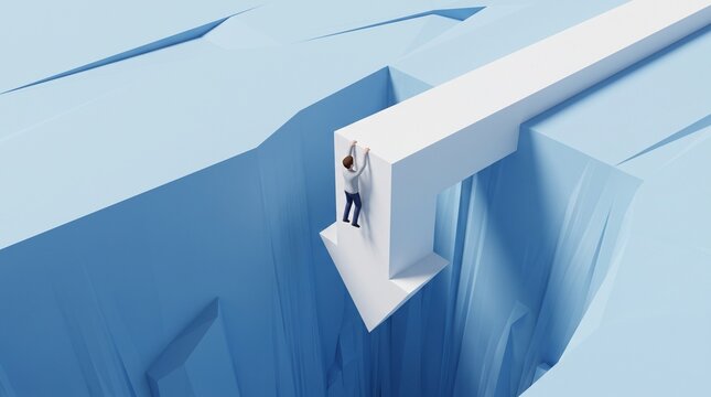 3D businessman clinging to a falling white arrow over an abyss