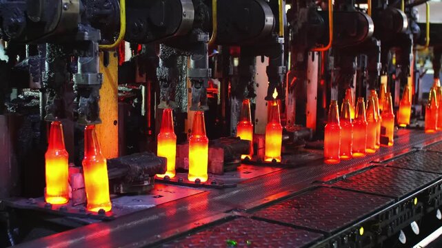 Glass factory, production of glass containers. Molten glass is blown into molds. Robotics in industry. Modern technologies, robotic machines produce products. Technological work at the plant.