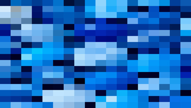 A geometric mosaic pattern composed of numerous small square tiles in various shades of blue, ranging from dark navy to light sky blue colors