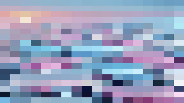 Abstract pixelated background, composed of a, grid of small, rectangular tiles in, various shades of, blue, purple, pink, and light grey colors