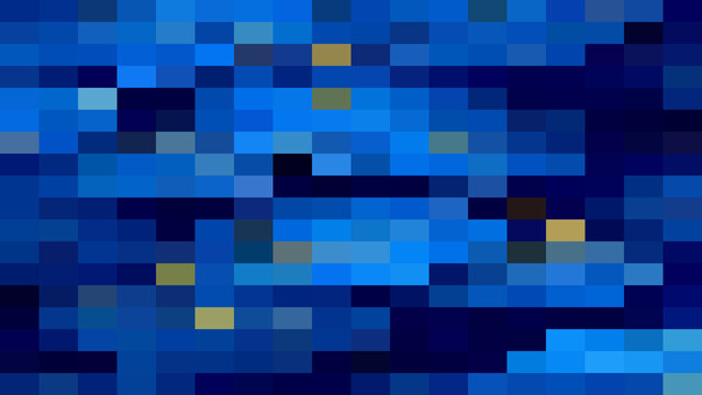Abstract pixelated background, featuring a grid, of small rectangular, tiles in various, shades of blue, navy, and subtle, hints of yellow, and grey