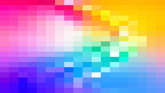 Colorful pixelated background, featuring a grid, of squares in, a rainbow spectrum, of pink, orange, yellow, green, blue, and purple hues