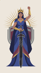 Fototapeta premium Powerful queen wearing a crown and a blue gown stands holding a large sword in front of a shield and sunburst symbol.