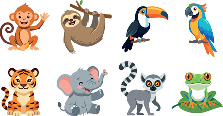 Fototapeta premium Cute jungle tropical wild animals vector icon set with monkey sloth toucan parrot tiger elephant lemur tree frog