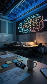 Artificial general intelligence era workflow diagram on glowing office wall with desk setup. The scene features a complex neon flowchart in a dark workspace for tech concepts.