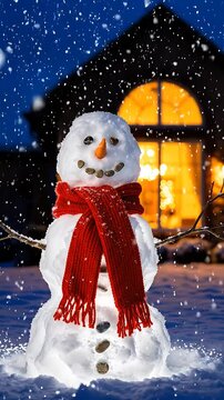 Snowman Standing in Front of a Warmly Lit House, Gently Falling Snow Creating a Magical Winter Scene. Animated Holiday Footage.