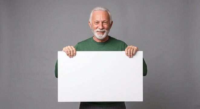 Smiling senior mature man holding blank white sign board for advertisement message