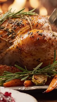Succulent roasted chicken garnished with fresh herbs and accompanied by vibrant vegetables, showcasing the art of hearty home cooking in a warm, inviting setting.
