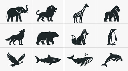 Fototapeta premium Black and White Silhouette Icons of Wildlife and Marine Animals