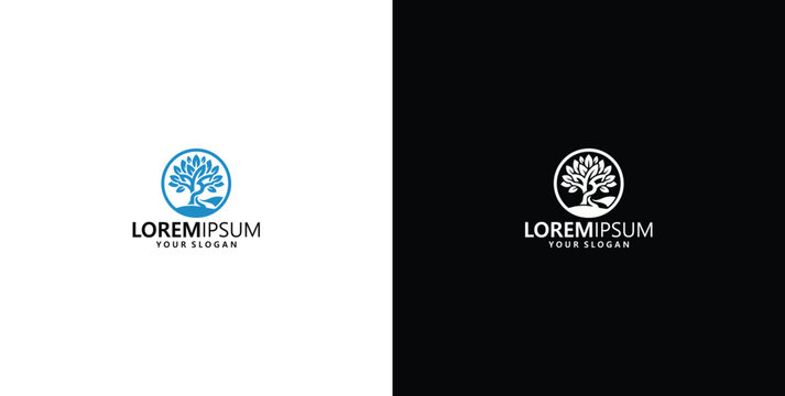 Minimalist logo design featuring a stylized tree inside a circular frame with accompanying text placeholder for brand identity