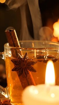 Spiced Cider Drink with Star Anise and Cinnamon Sticks Gently Flickering with Candlelight. Warm Beverage, Cozy Atmosphere.
