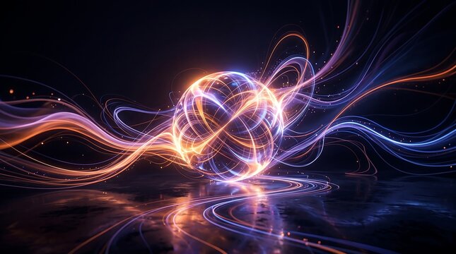 Abstract glowing plasma sphere with light trails, futuristic energy orb concept, vibrant neon motion swirl background