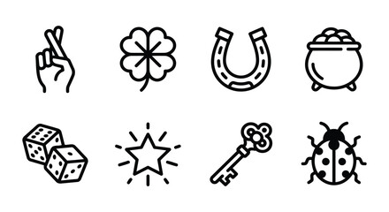 Fototapeta premium Lucky charms and symbols in a flat line icon set on white