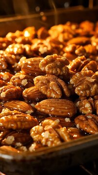 Candied Pecans Slowly Rotating in a Commercial Oven, Showcasing the Caramelization Process and Rich, Golden-Brown Color.