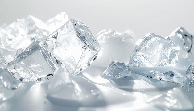 Close-up of melting ice cubes on a smooth surface with copy space