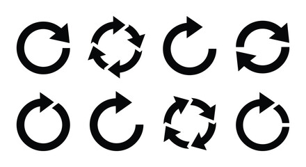 Fototapeta premium Circular arrow symbols in black silhouettes against a white background illustrate rotation