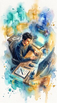 Artificial general intelligence era man coding at desk with glowing watercolor monitors and floating data charts in a vibrant artistic software development workspace concept.