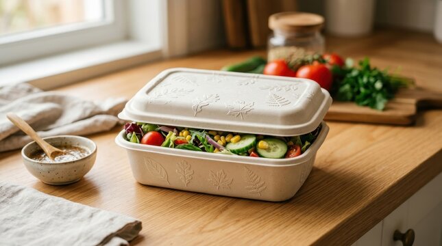 Eco-friendly takeaway container filled with fresh salad, perfect for meal prep or on-the-go lunches.