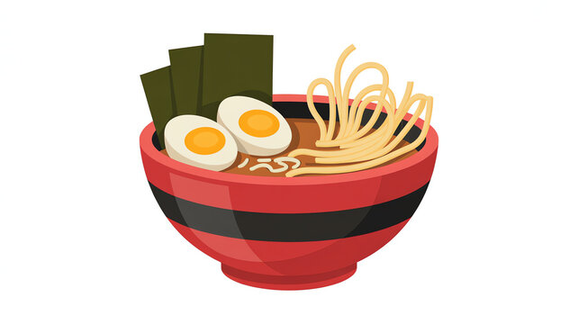 A bowl of delicious japanese ramen noodle soup with boiled eggs and seaweed sheets
