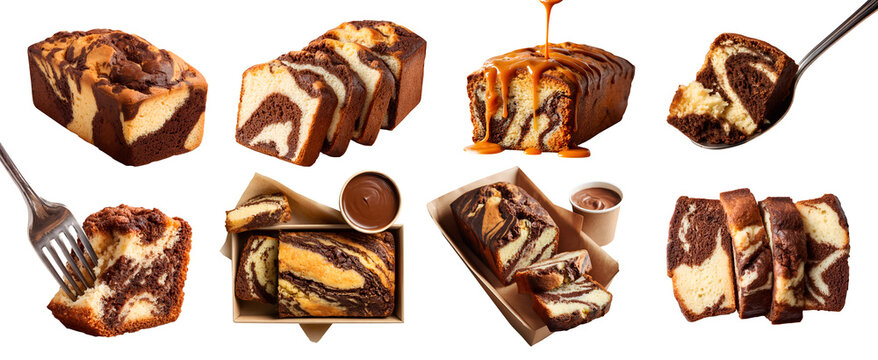 Set of classic marble loaf cake, chocolate vanilla swirls, slice pile, caramel drip, takeout craft bakery box, fork spoon, transparent cutout PNG. Many different angle. Mockup