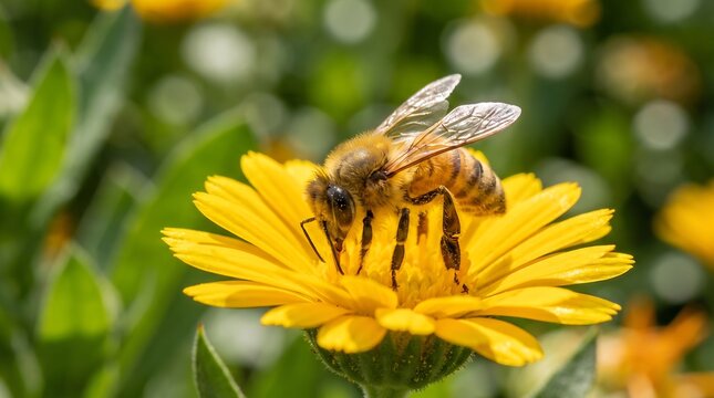 Macro honeybee collecting nectar on bright yellow flower, working honey bee pollination close-up, vibrant spring nature photography