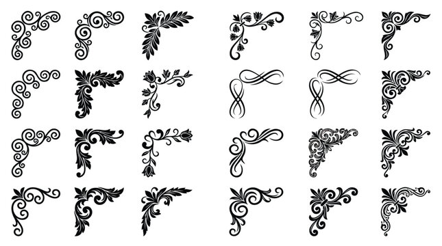Vintage Ornamental Floral Corner Borders and Filigree Frame Design Elements Set Isolated on White Background