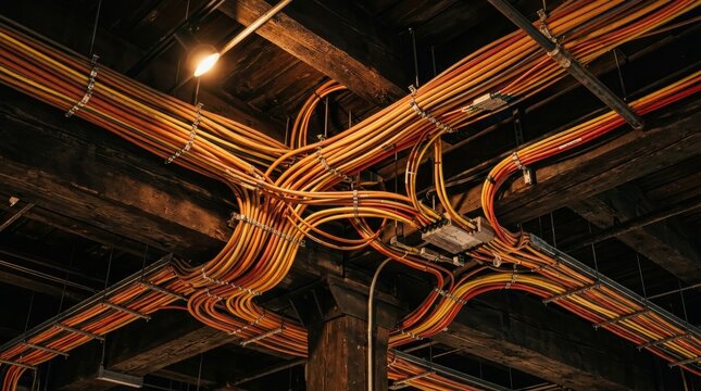 Intricate network of orange and yellow electrical wiring neatly organized on wooden beams in a dark industrial interior