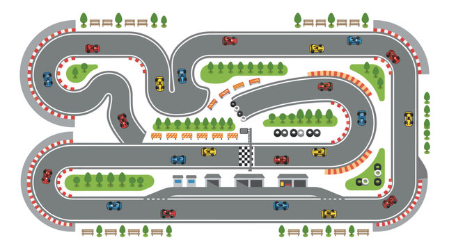Top-down flat design vector illustration of a winding professional racing circuit with several colorful cars competing on a track featuring pit stops, trees, and a checkered finish line.