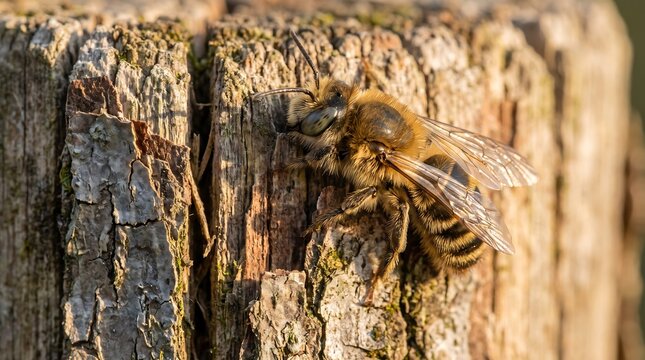 Macro photography of honey bee on weathered wood stump, wild pollinator insect resting on brown textured wood log, natural wildlife habitat background