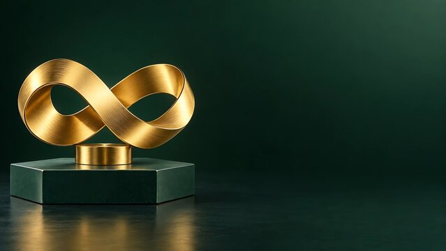 Luxury corporate sustainability and circular economy ESG concept with solid brushed gold Mobius infinity loop on forest green hexagon base with copy space