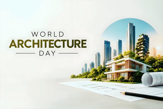 Minimal World Architecture Day poster with sustainable modern building and city skyline