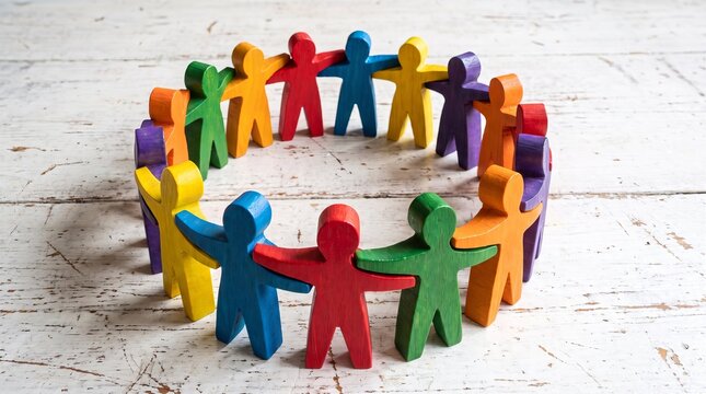 Wooden people figures holding hands in a connected circle, representing inclusive business values, diversity, equality, dignity, mutual respect, teamwork, unity
