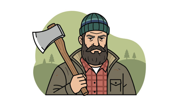 Rugged lumberjack with a thick beard carrying a sharp wooden hand axe over his shoulder in a scenic green pine forest.